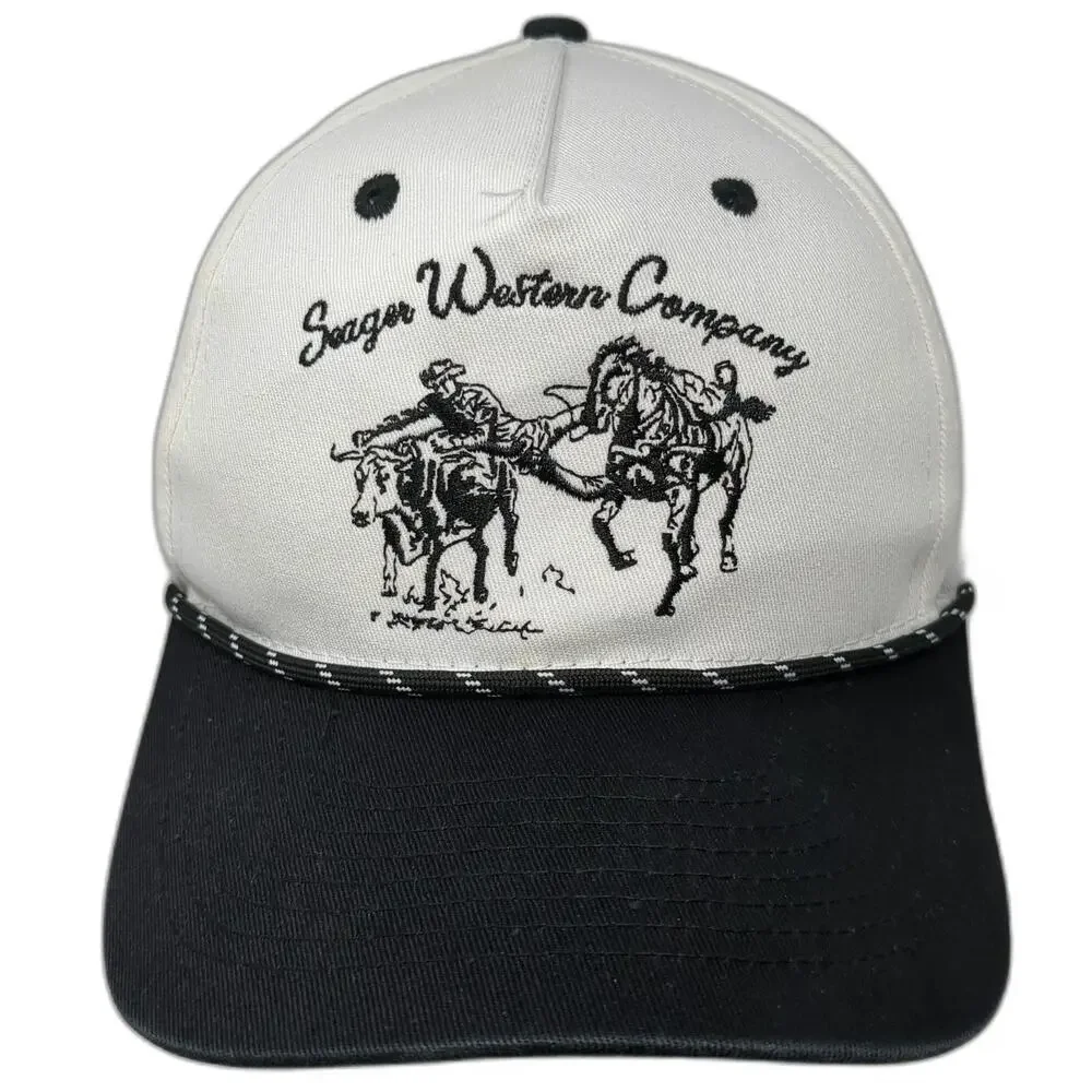 Seager 5 Panel White Black OSFM Rope Hat Snapback Western Cowboy Cotton Steer